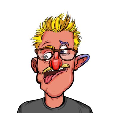 Beyaz arka planda izole edilmiş komik yüz ifadesi olan hayali çizgi film karakterinin karikatür mizahı.