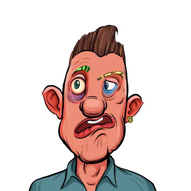 Beyaz arka plan, kafa ve omuz kompozisyonu üzerine izole edilmiş komik yüzlü hayali çizgi film karakterinin karikatür çizimi.