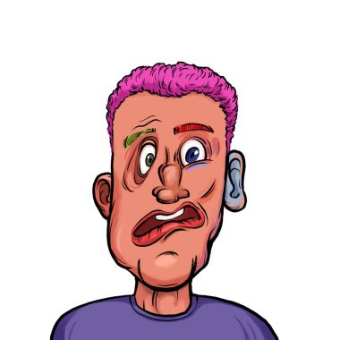 Beyaz arka plan, kafa ve omuz kompozisyonu üzerine izole edilmiş komik yüzlü hayali çizgi film karakterinin karikatür çizimi.