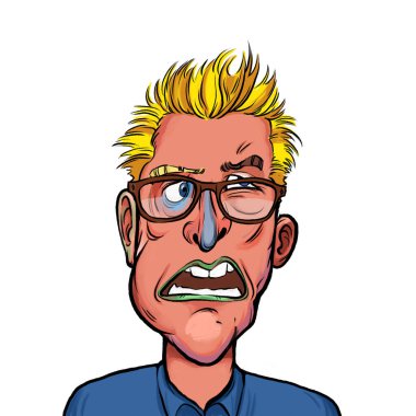 Beyaz arka planda izole edilmiş komik yüz ifadesi olan hayali çizgi film karakterinin karikatür mizahı.