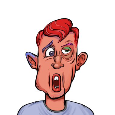 Beyaz arka planda izole edilmiş komik yüz ifadesi olan hayali çizgi film karakterinin karikatür mizahı.