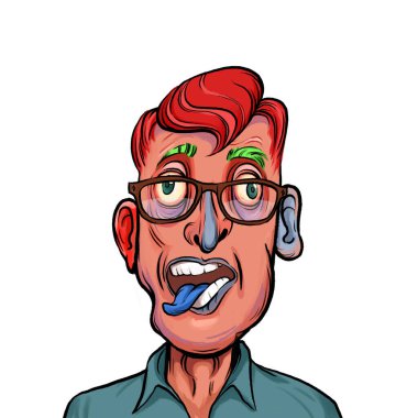 Beyaz arka plan, kafa ve omuz kompozisyonu üzerine izole edilmiş komik yüzlü hayali çizgi film karakterinin karikatür çizimi.