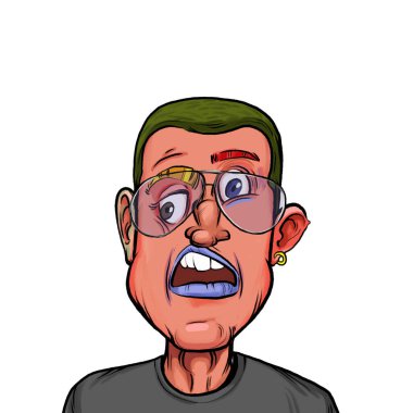 Beyaz arka plan, kafa ve omuz kompozisyonu üzerine izole edilmiş komik yüzlü hayali çizgi film karakterinin karikatür çizimi.