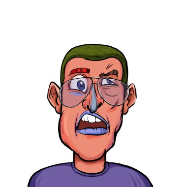 Beyaz arka planda izole edilmiş komik yüz ifadesi olan hayali çizgi film karakterinin karikatür mizahı.