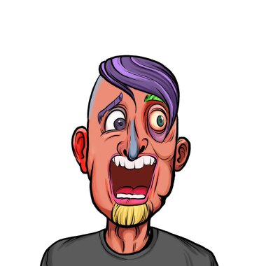 Beyaz arka plan, kafa ve omuz kompozisyonu üzerine izole edilmiş komik yüzlü hayali çizgi film karakterinin karikatür çizimi.