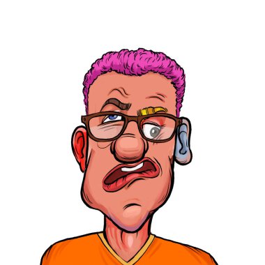 Beyaz arka plan, kafa ve omuz kompozisyonu üzerine izole edilmiş komik yüzlü hayali çizgi film karakterinin karikatür çizimi.