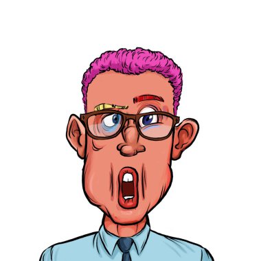 Beyaz arka plan, kafa ve omuz kompozisyonu üzerine izole edilmiş komik yüzlü hayali çizgi film karakterinin karikatür çizimi.