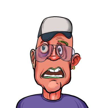 Beyaz arka plan, kafa ve omuz kompozisyonu üzerine izole edilmiş komik yüzlü hayali çizgi film karakterinin karikatür çizimi.