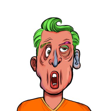 Beyaz arka plan, kafa ve omuz kompozisyonu üzerine izole edilmiş komik yüzlü hayali çizgi film karakterinin karikatür çizimi.