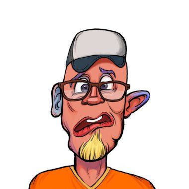 Beyaz arka planda izole edilmiş komik yüz ifadesi olan hayali çizgi film karakterinin karikatür mizahı.