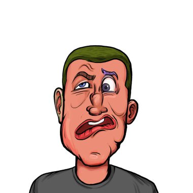 Beyaz arka planda izole edilmiş komik yüz ifadesi olan hayali çizgi film karakterinin karikatür mizahı.