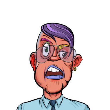 Beyaz arka plan, kafa ve omuz kompozisyonu üzerine izole edilmiş komik yüzlü hayali çizgi film karakterinin karikatür çizimi.