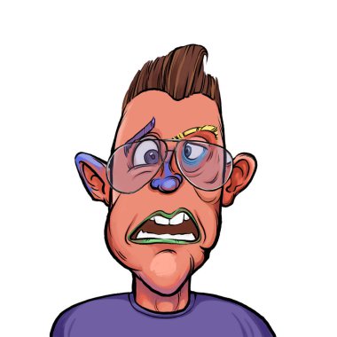 Beyaz arka plan, kafa ve omuz kompozisyonu üzerine izole edilmiş komik yüzlü hayali çizgi film karakterinin karikatür çizimi.