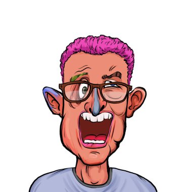 Beyaz arka plan, kafa ve omuz kompozisyonu üzerine izole edilmiş komik yüzlü hayali çizgi film karakterinin karikatür çizimi.