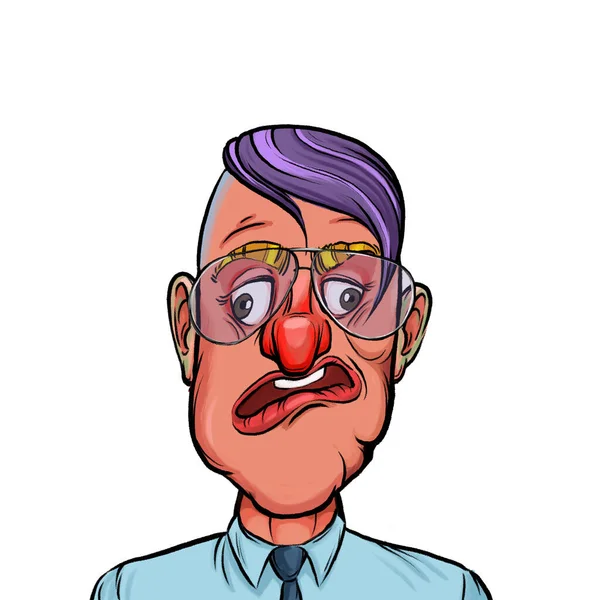 Beyaz arka planda izole edilmiş komik yüz ifadesi olan hayali çizgi film karakterinin karikatür mizahı.