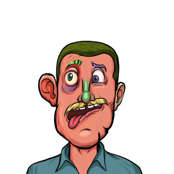Карикатурная Юмористическая Иллюстрация Воображаемого Мультяшного Человека Смешным Выражением Лица Белом — стоковое фото