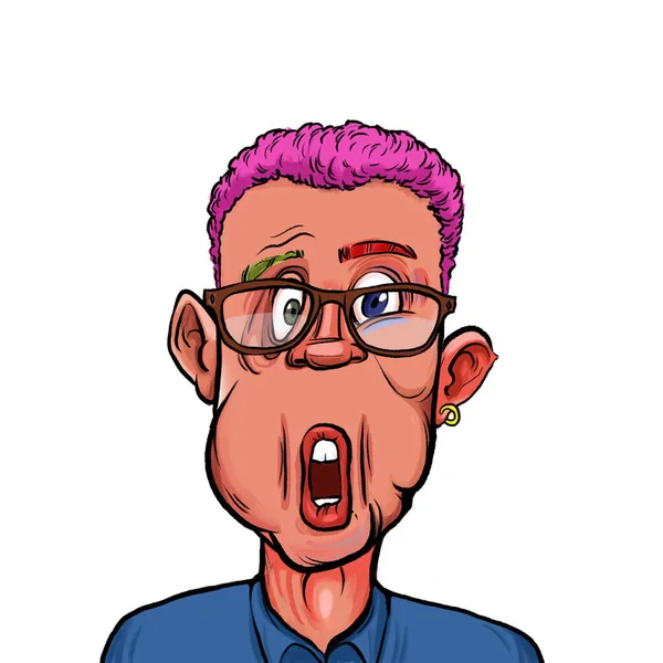 Beyaz arka planda izole edilmiş komik yüz ifadesi olan hayali çizgi film karakterinin karikatür mizahı.