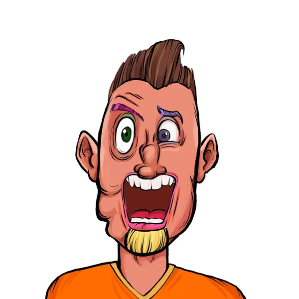 Beyaz arka planda izole edilmiş komik yüz ifadesi olan hayali çizgi film karakterinin karikatür mizahı.