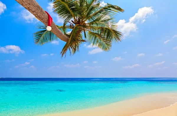 Der Weihnachtsmann steht am Strand — Stockfoto