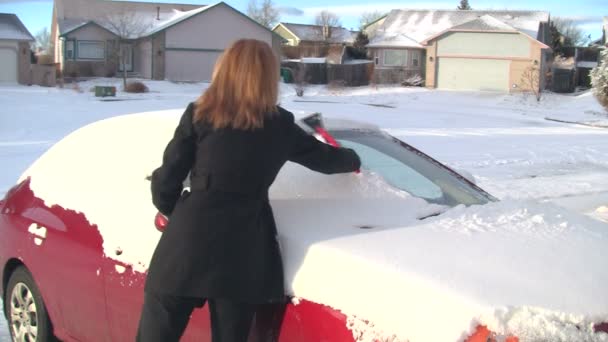 Femme nettoyant la neige de la voiture — Video