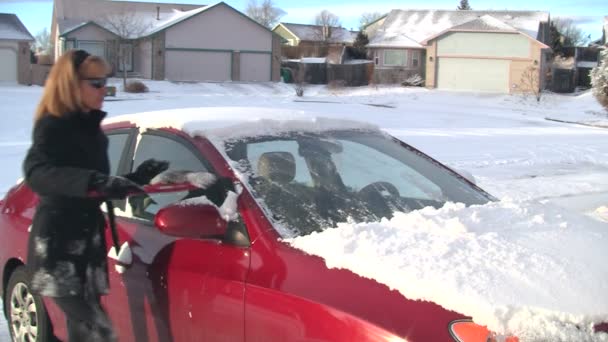 Vrouw schoonmaken sneeuw off van auto — Stockvideo