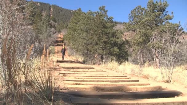 Woman walking up the Manitou Incline — Stock Video