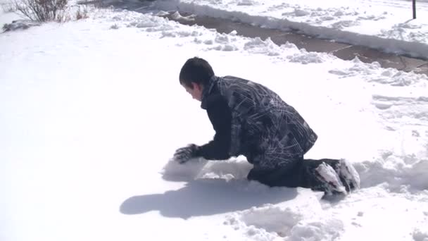 Garçon roulant grande boule de neige pour bonhomme de neige — Video