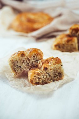 Ev yapımı tavuklu börek, hafif arkaplan üzerine seçici bir odaklanma.
