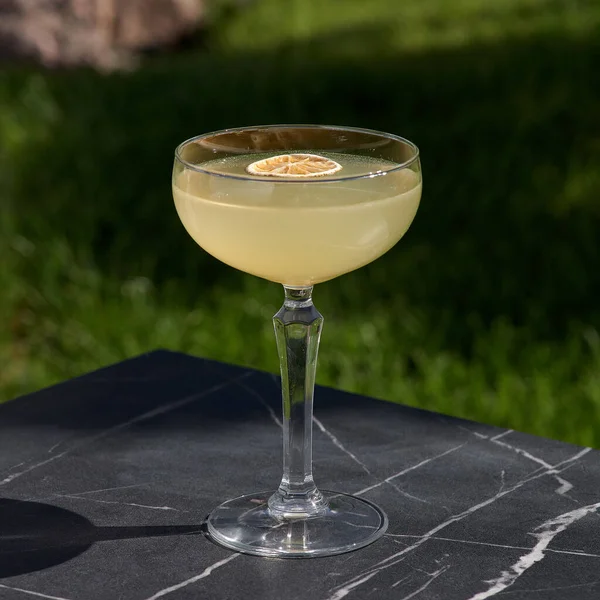 Drinks Yellow Lemon Cocktail Ice Dark Background Bar Menu Copy — Stock Fotó