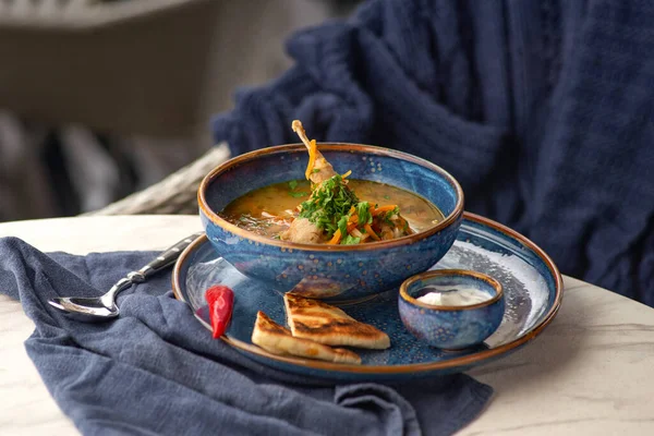 Quail Meat Soup Vegetables Spices Restaurant Menu Healthy Tasty Dish — Foto de Stock