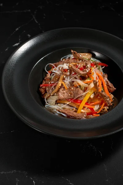 Funchoza Beef Vegetables Black Background Copy Space Glass Noodles Traditional — стоковое фото