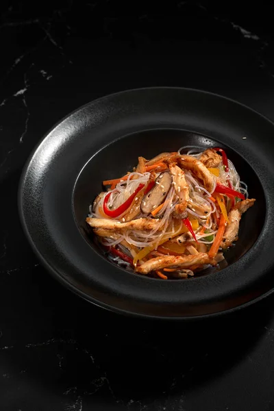 Funchoza Chicken Vegetables Black Background Copy Space Glass Noodles Traditional — стоковое фото