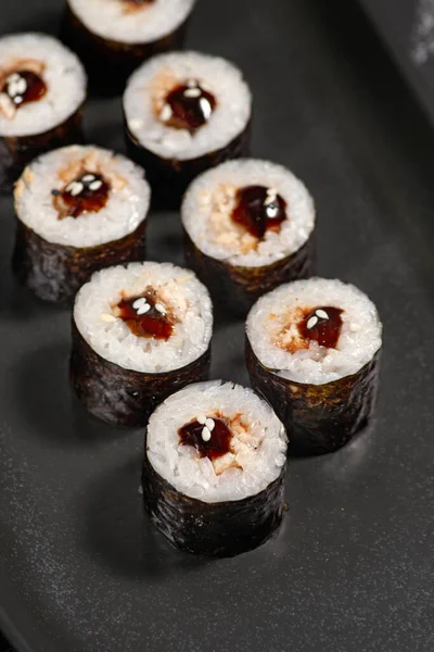 Simple Maki Shrimp Plate Black Stone Background Flat Lay Sushi — 스톡 사진