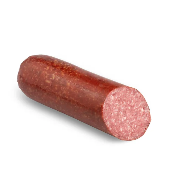 Gekochte Und Geräucherte Wurst Zwei Stücke Auf Weißem Hintergrund Geschnitten — Stockfoto