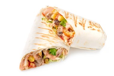 Tavuk şavurma, kebap burrito doldurma, beyaz arka planda izole edilmiş. kırpma yolu ile