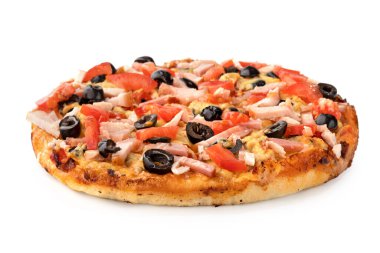 Beyaz arka planda dondurulmuş pizza. Beyaz arka planda yarı bitmiş pizza. Tasarım menüsü için kırpma yolu ile