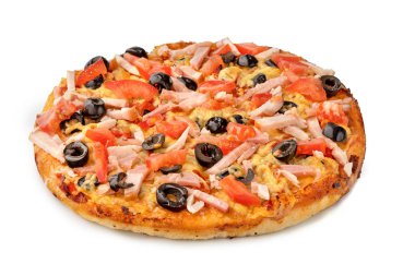 Beyaz arka planda dondurulmuş pizza. Beyaz arka planda yarı bitmiş pizza. Tasarım menüsü için kırpma yolu ile