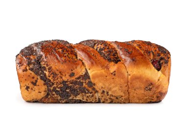 Beyaz arka planda izole edilmiş kirazlı haşhaş tohumlu çörek. Tasarım menüsü için kırpma yolu ile