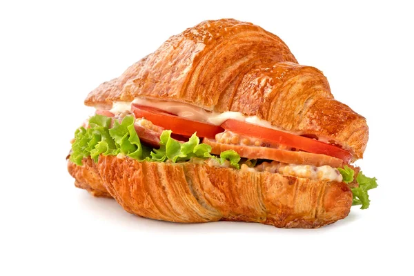 Croissant Sandwich Ham Lettuce Tomatoes Isolated White Background Clipping Path — Stock Photo, Image
