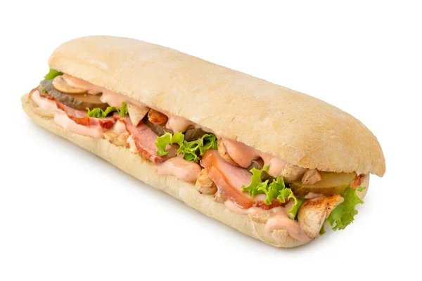 Велика Ciabatta Sandwich Беконом Леттуче Томатом Соусом Ізольовані Білому Тлі — стокове фото