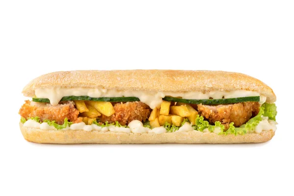 Big Ciabatta Sandwich Panini Mit Huhn Salat Und Soßen Isoliert — Stockfoto