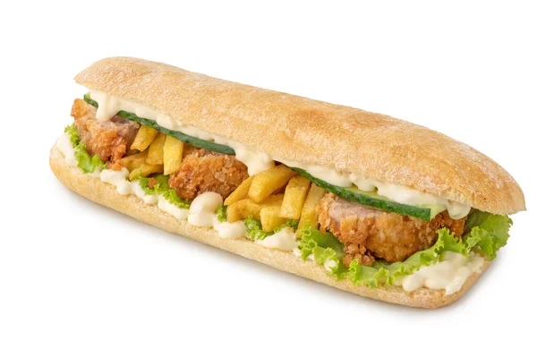 Big Ciabatta Sandwich Panini Con Pollo Lechuga Salsas Aisladas Sobre — Foto de Stock