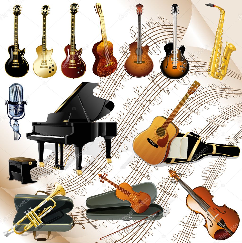 Collection of various music instruments on chords sheet Stock