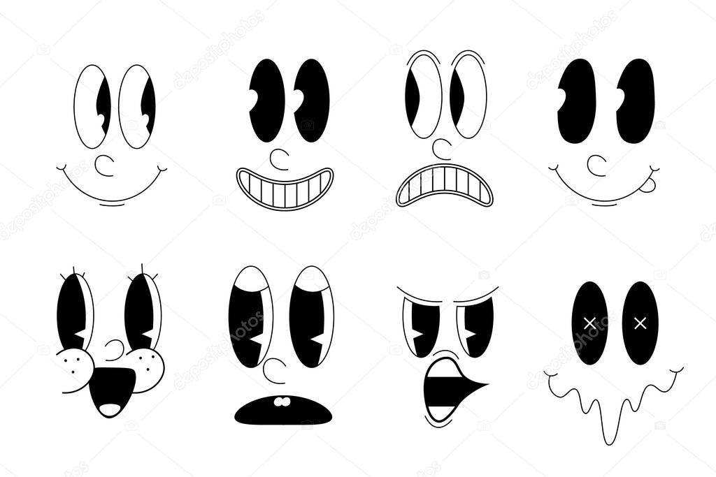 Set of retro cartoon mascot characters. 30s 40s 50s hand drawn facial expressions. Old animation funny face caricatures.