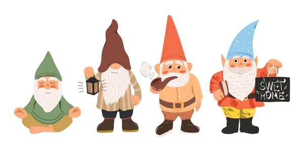 Coleção Bonito Engraçado Jardim Gnomos Vetor Plana Ilustração Conjunto Personagens — Vetor de Stock