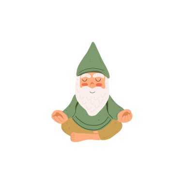 Şirin, komik bahçe cücesi vektör düz çizim. Tatlı peri masalı karakterleri. Bir demet çim süsü ya da süs. Düz çizgi film vektör çizimi.