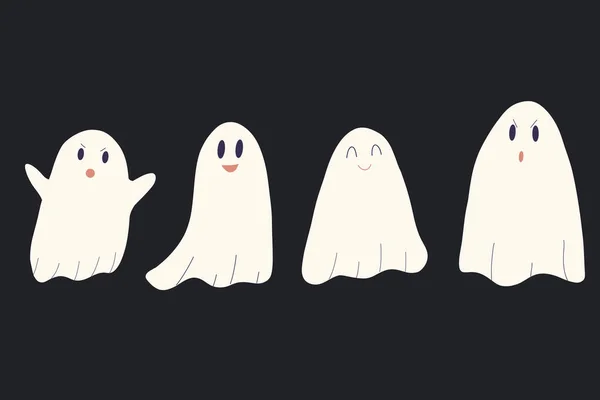 かわいい面白い幸せな幽霊のセット かわいいゴースト作成キットのセット 変更可能な顔 ハロウィンのためのフラットデザインベクトル — ストックベクタ