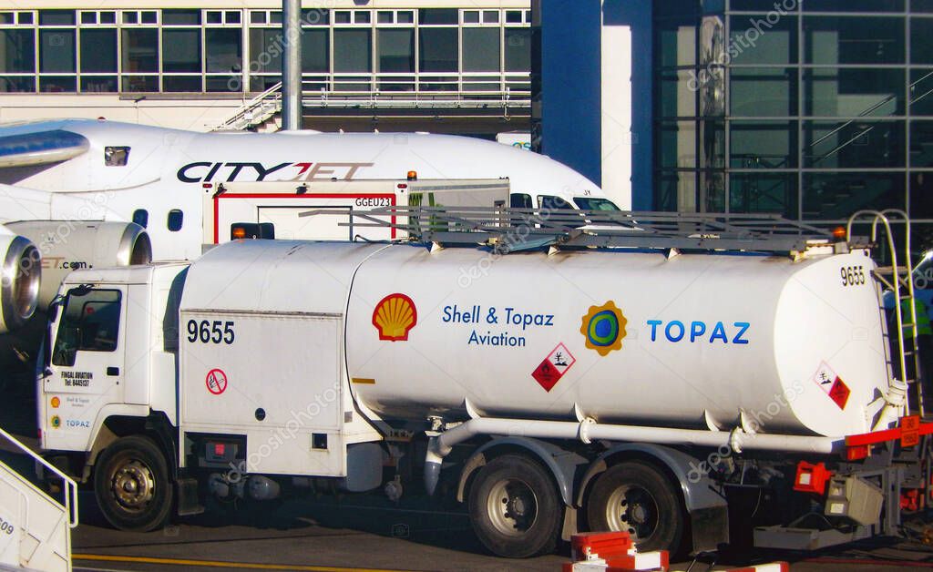 Dublin, Ireland - February 2018: Fuel tanker with jet fuel at Dublin airport. The tanjer is operated by Shell.