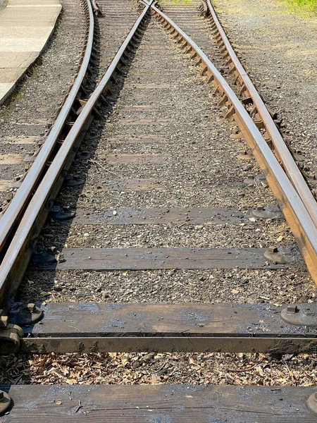Spoorweg Met Afwijkende Lijnen Een Kruispunt Geen Mensen — Stockfoto