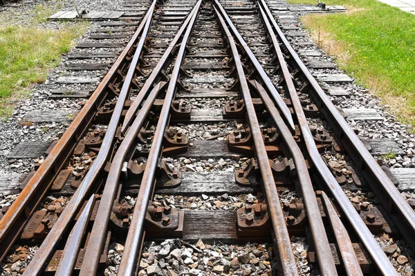 Rails Converging Set Points Railway Track People — Stockfoto